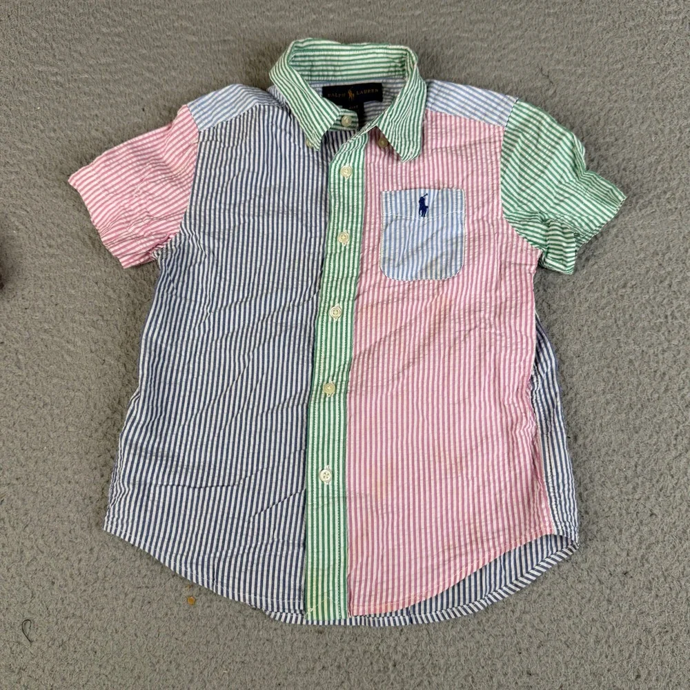 Ralph Lauren Shirt Boys 4/4T Multi Seersucker Button Striped Pony Colorblock